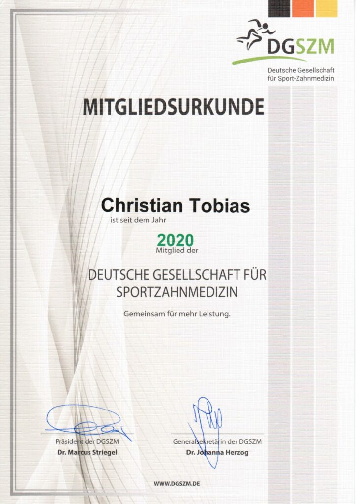 Mitgliedsurkunde aus dem Jahr 2020 für die Deutsche Gesellschaft für Sportmedizin