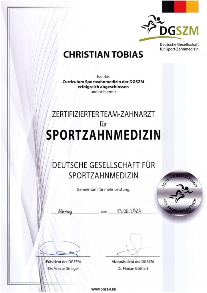 Zertifikat Christian Tobias als zertifizierter Team-Zahnarzt für Sportzahnmedizin