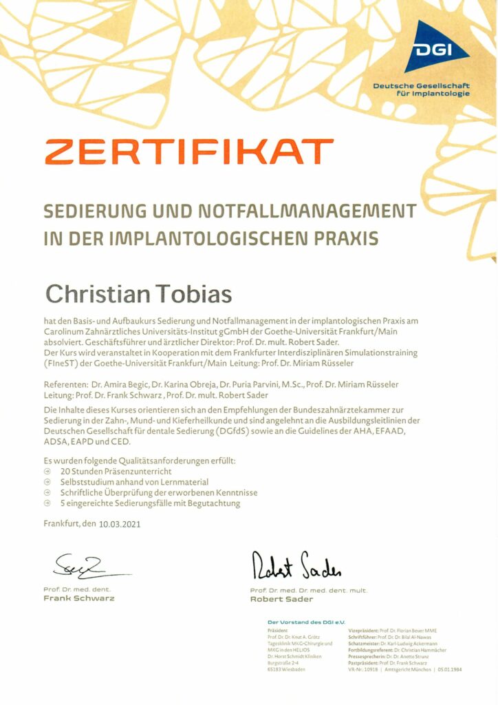 Zertifizierung, Sedierung und Notfallmanagement in der Implantologischen Praxis