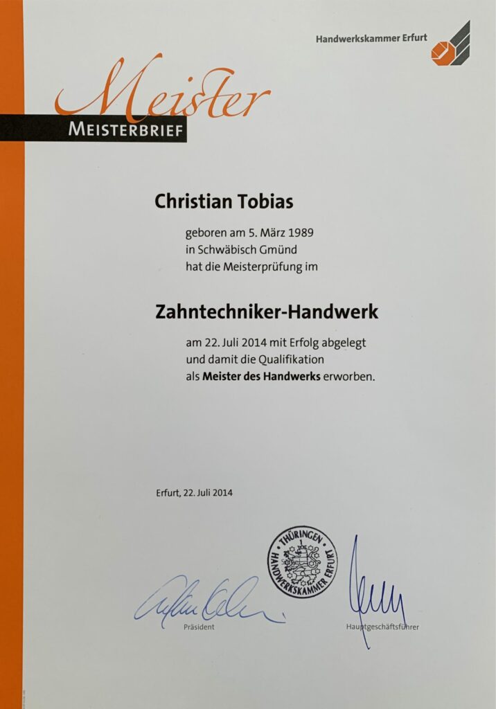 Meisterbrief Christian Tobias Zahntechniker-Meister