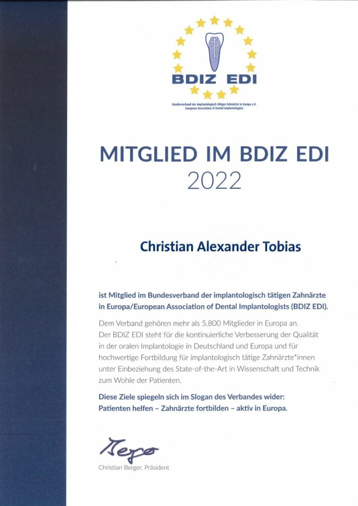 Mitgliedsurkunde BDIZ EDI 2022