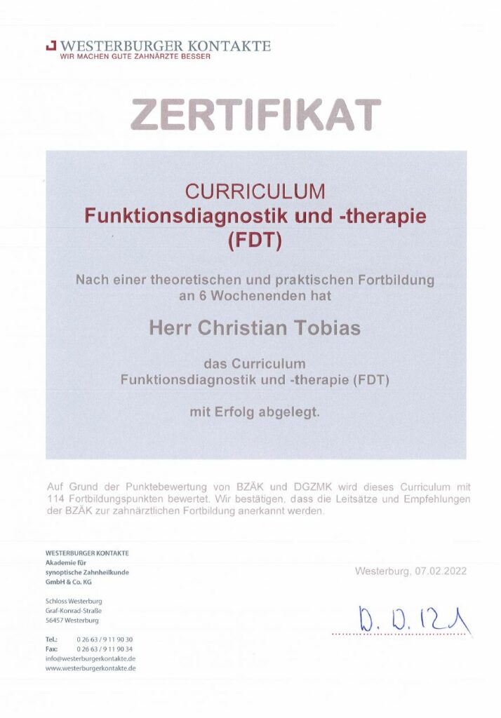 Zertifikat für Funktionsdiagnostik und -theraphie